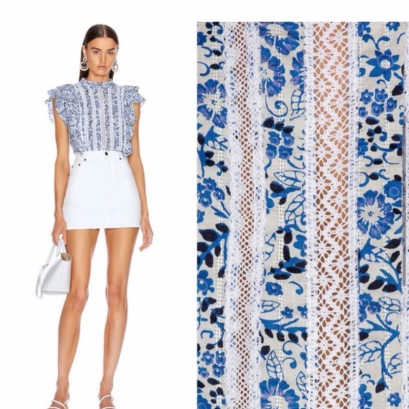 Veronica Beard White and Blue Floral print Mock neck Ruffle Blouse - Picture 3 of 12